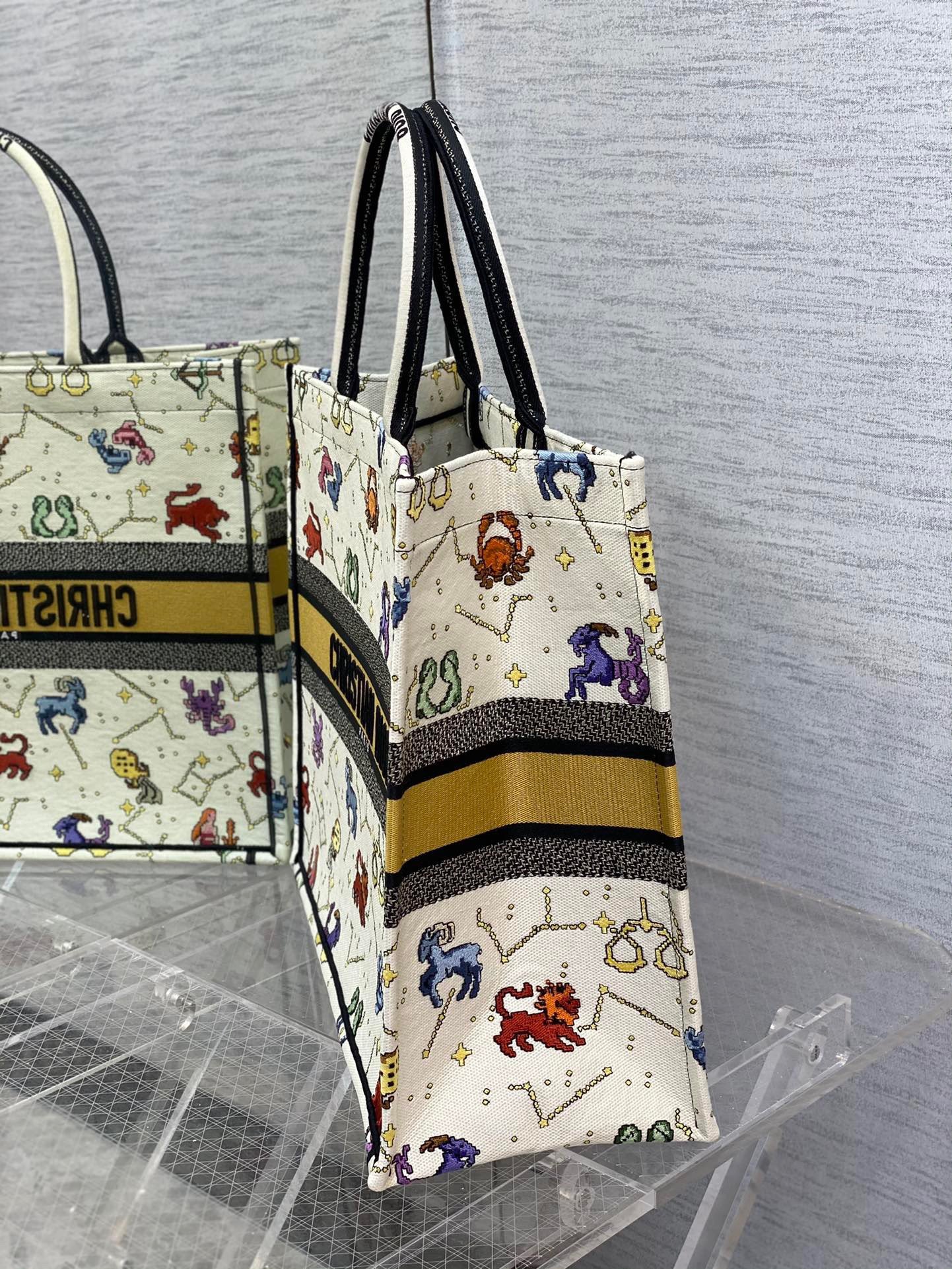 Dior Large Book Tote Bag In White Pixel Zodiac Embroidery