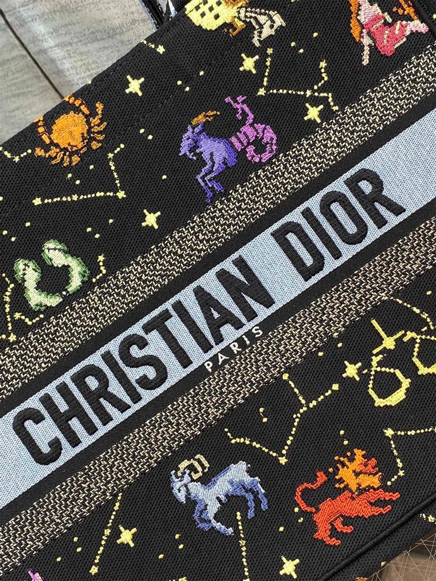 Dior Medium Book Tote Bag In Black Pixel Zodiac Embroidery