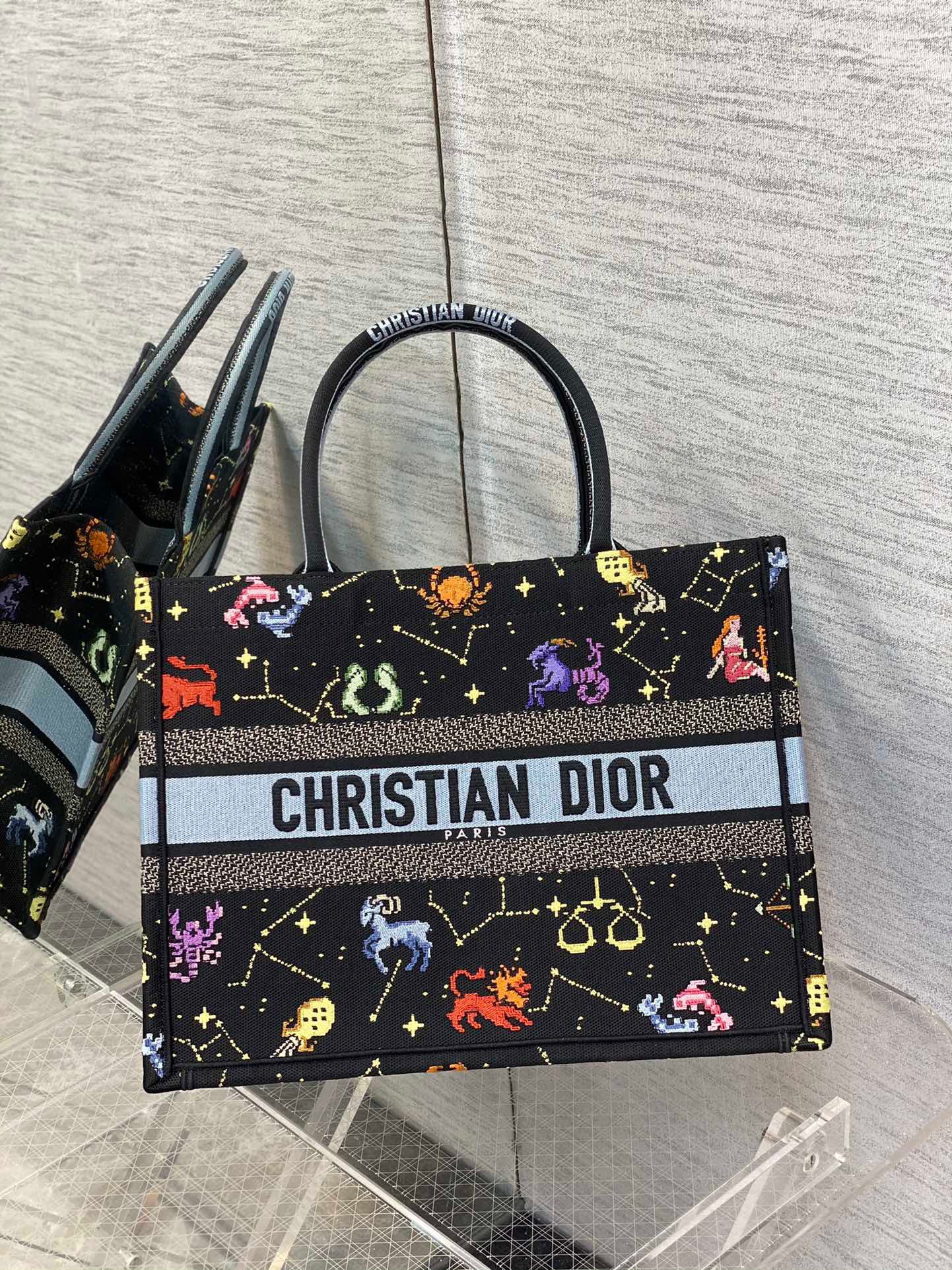 Dior Medium Book Tote Bag In Black Pixel Zodiac Embroidery