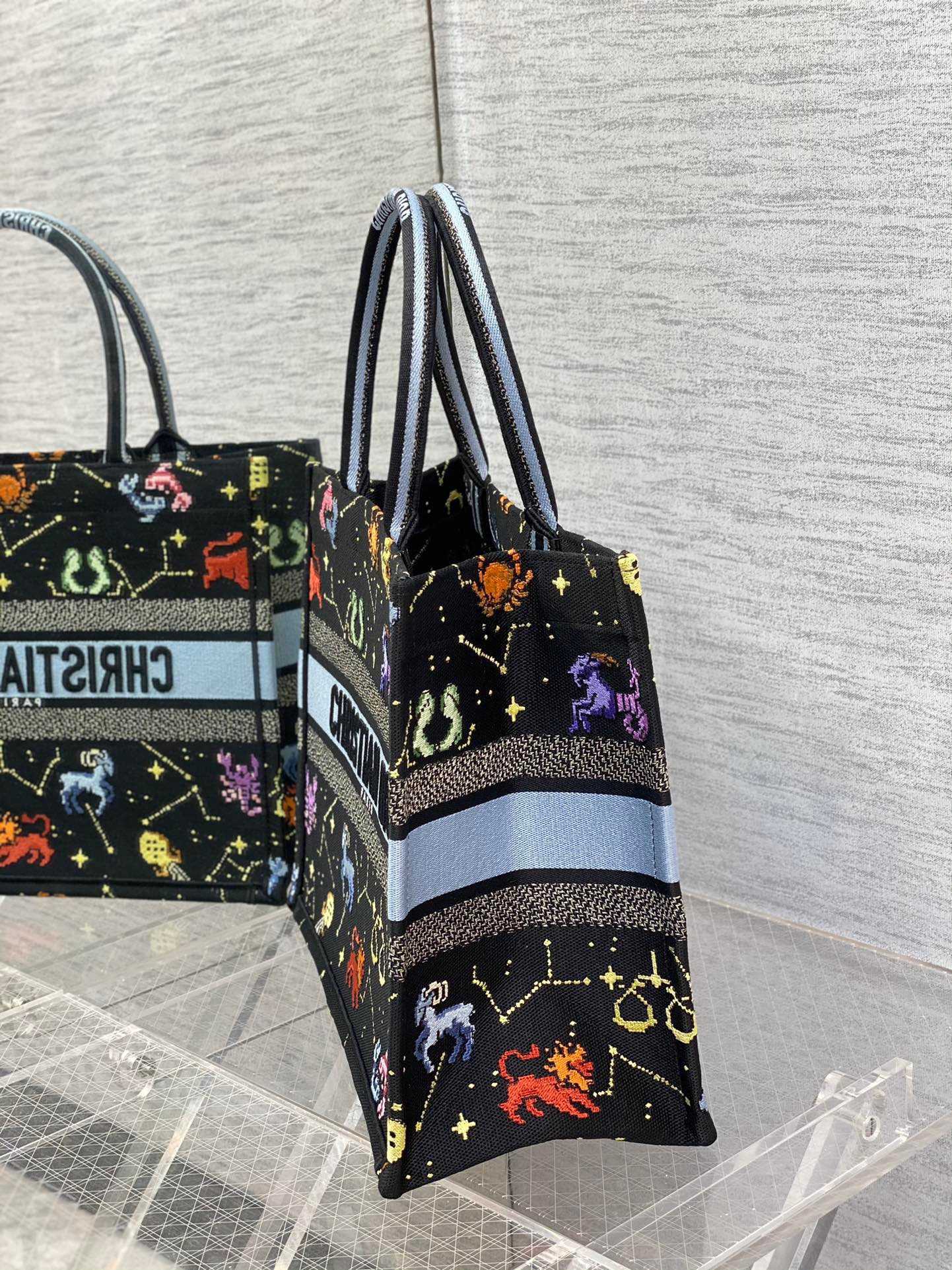 Dior Medium Book Tote Bag In Black Pixel Zodiac Embroidery