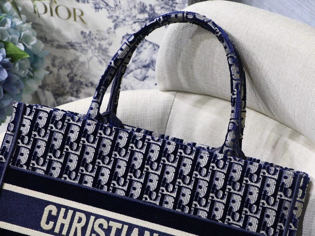 Dior Medium Book Tote Bag In Blue Velvet Oblique Embroidered