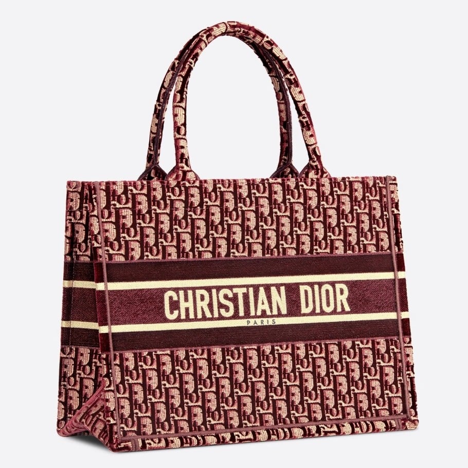 Dior Medium Book Tote Bag In Bordeaux Velvet Oblique Embroidered