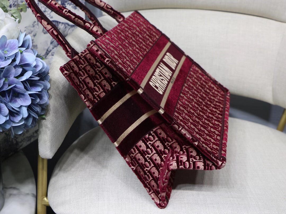 Dior Medium Book Tote Bag In Bordeaux Velvet Oblique Embroidered