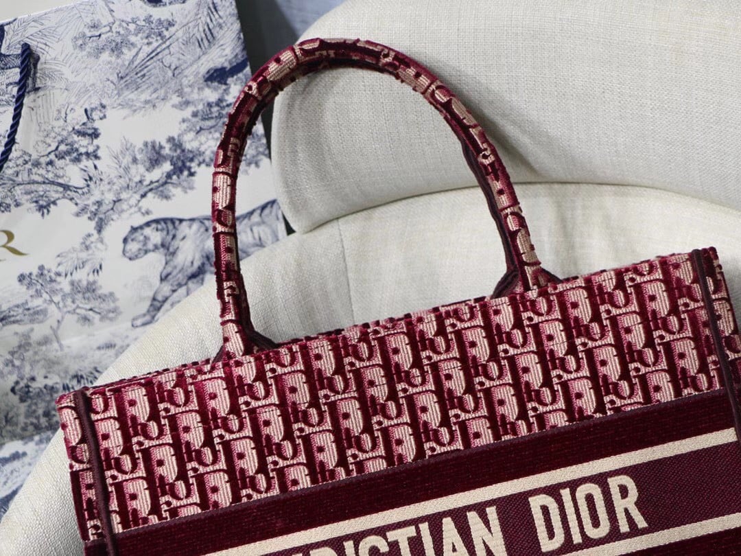 Dior Medium Book Tote Bag In Bordeaux Velvet Oblique Embroidered