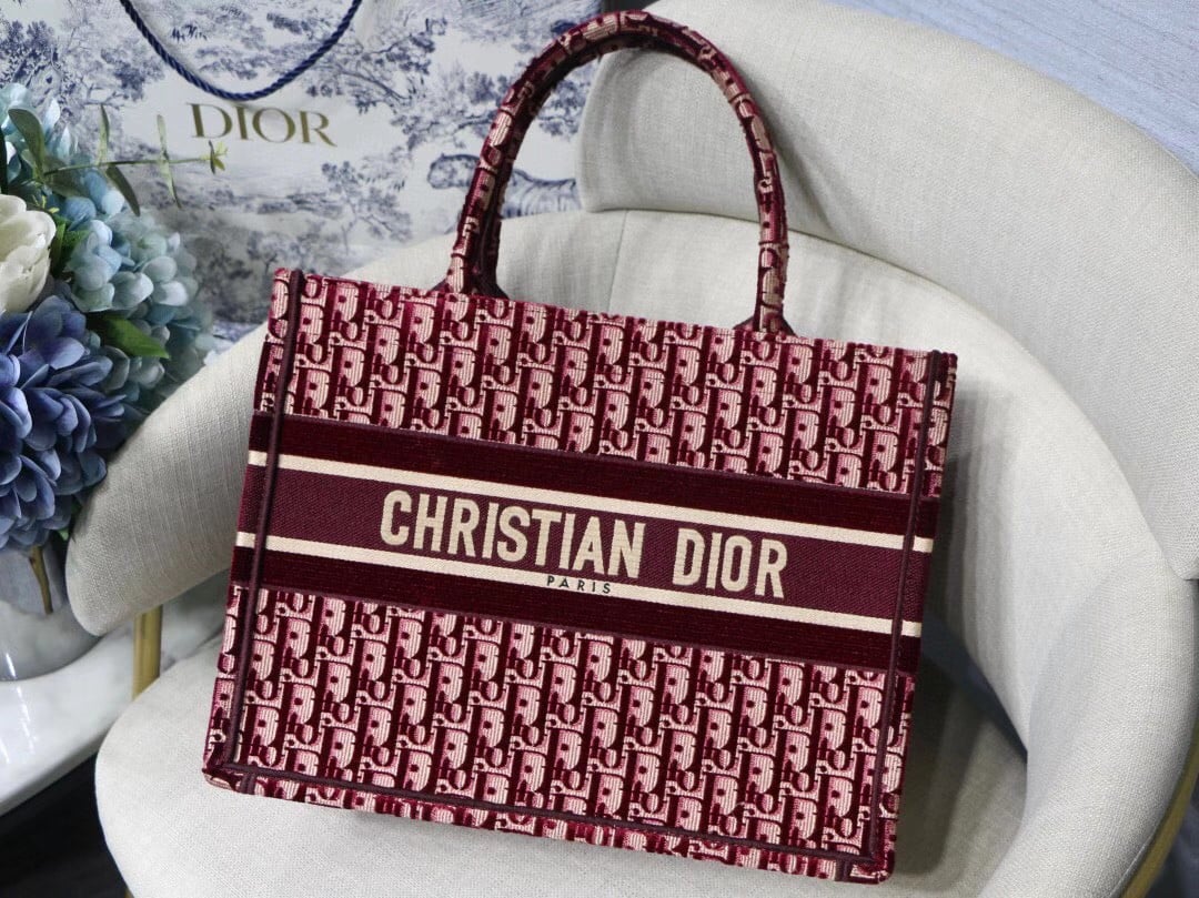 Dior Medium Book Tote Bag In Bordeaux Velvet Oblique Embroidered