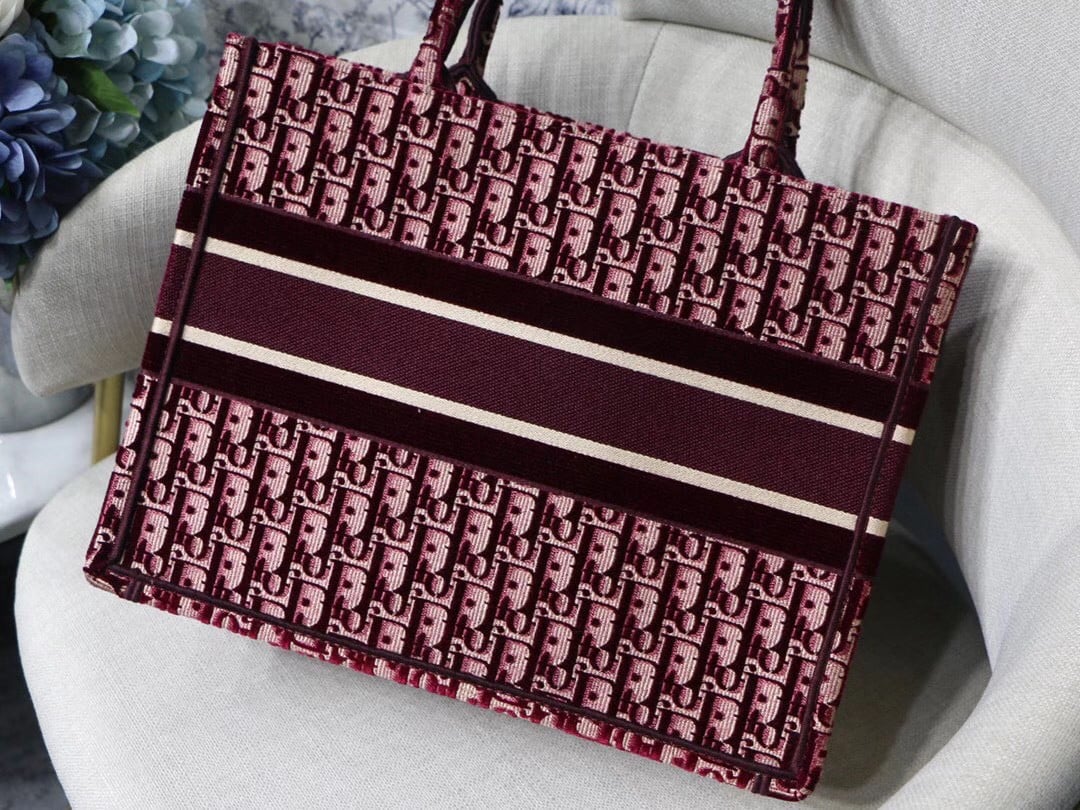 Dior Medium Book Tote Bag In Bordeaux Velvet Oblique Embroidered