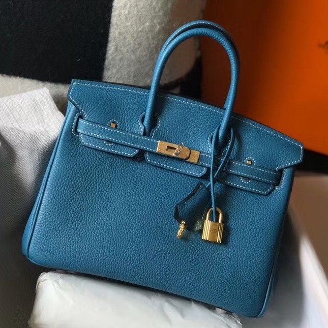 Hermes Birkin 25 Bag In Blue Jean Clemence Leather with GHW