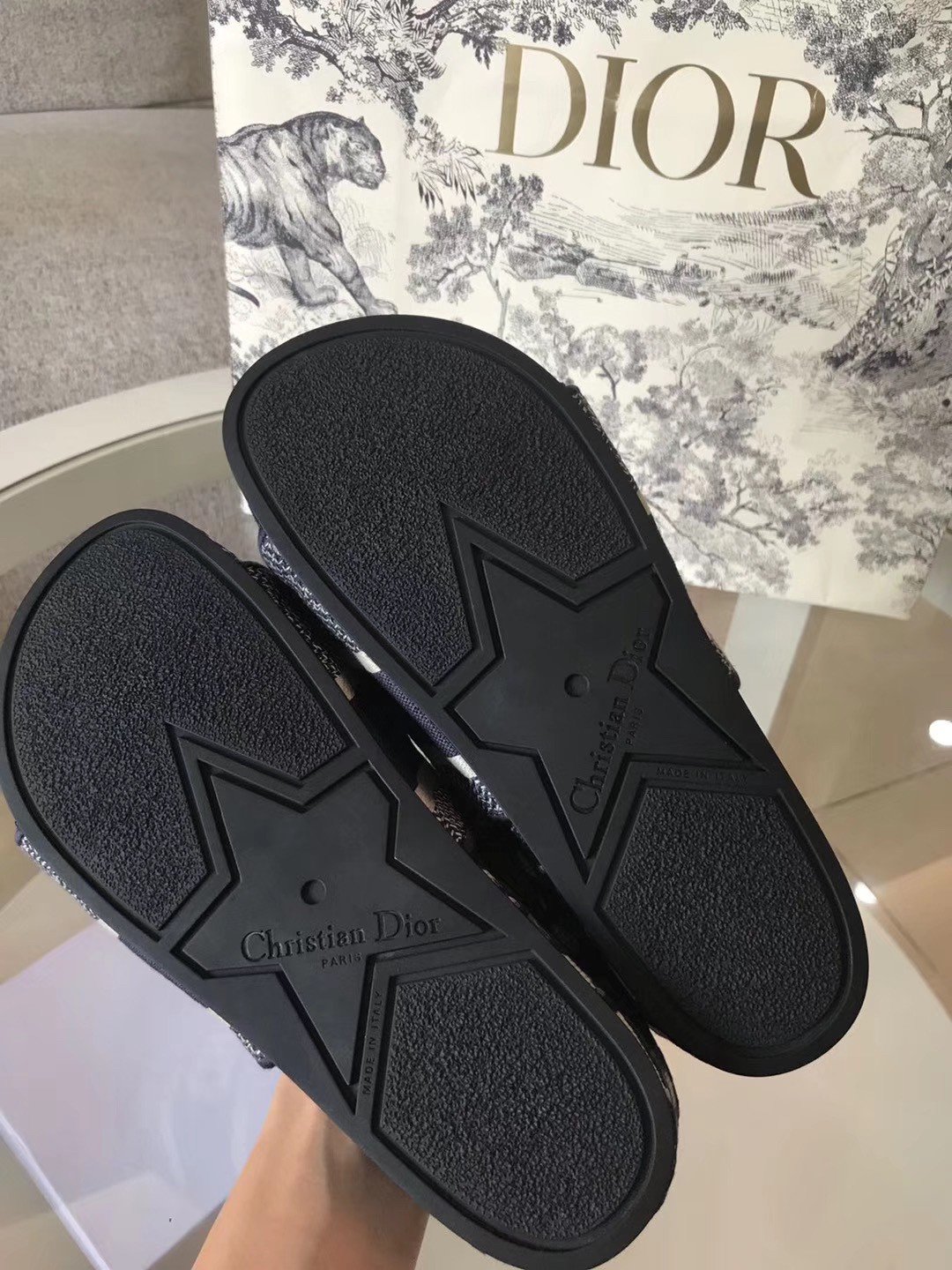 Dior Dway Slides In Blue Oblique Embroidered Cotton