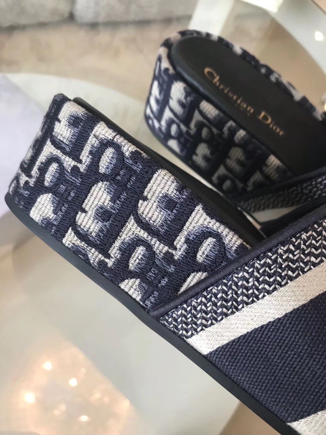 Dior Dway Slides In Blue Oblique Embroidered Cotton